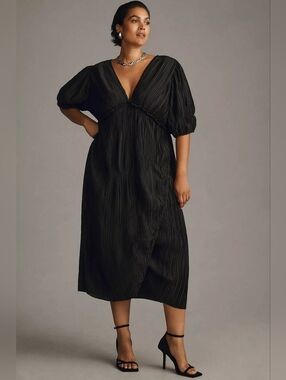 By Anthropologie V-Neck Pleated Slim Midi Dress